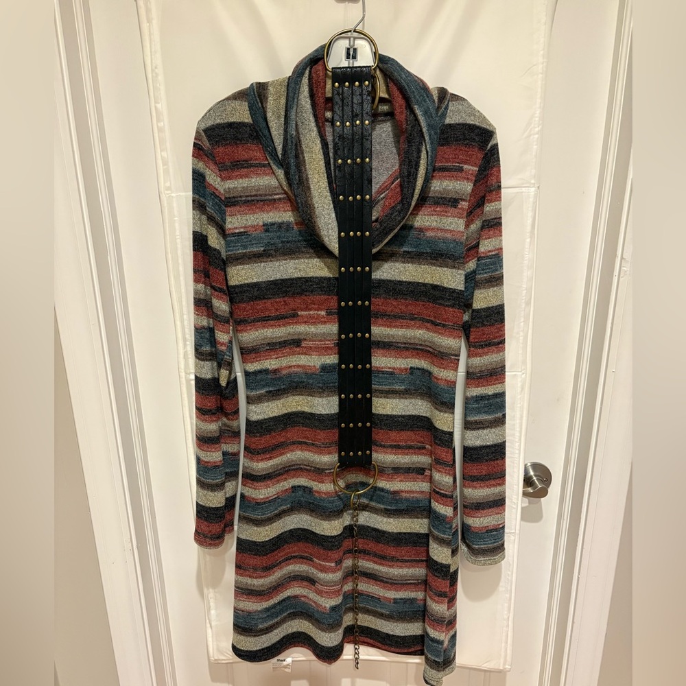 Striped cowl neck sweater dress